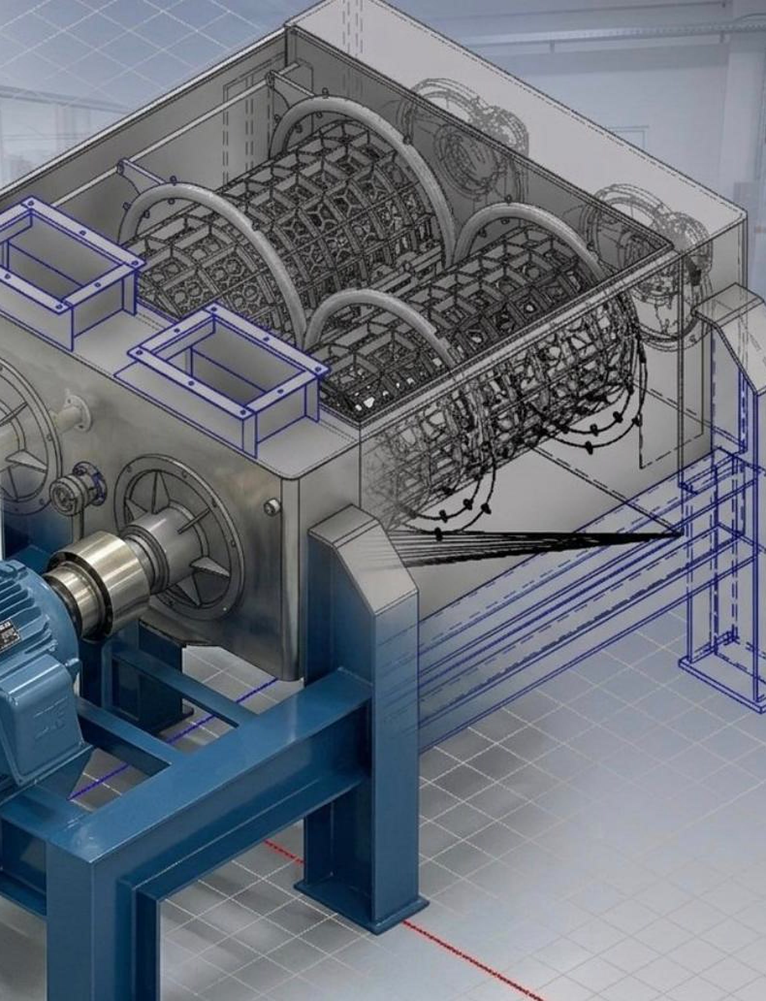 Equipamento industrial em aço inox com motor e base metálica, sobreposto ao projeto 3D