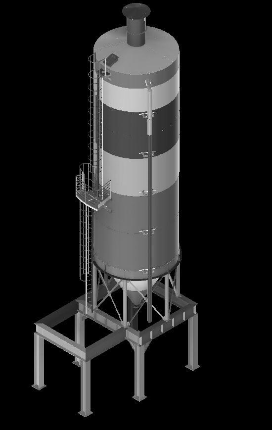 Modelo 3D do silo com escadas e plataforma
