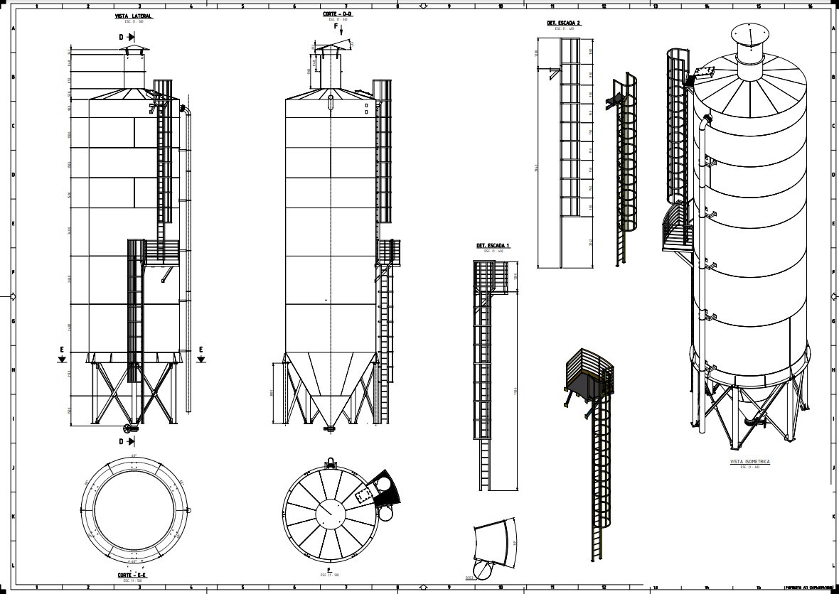 Projeto de silo com escadas de acesso e plataforma